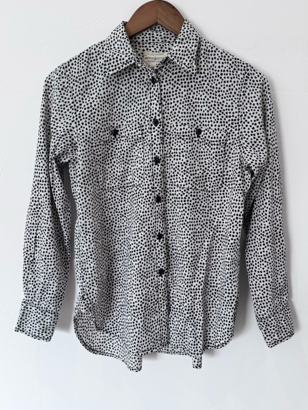 Denim & Supply Ralph Lauren Button Down Blouse with Black Stars, Size XS